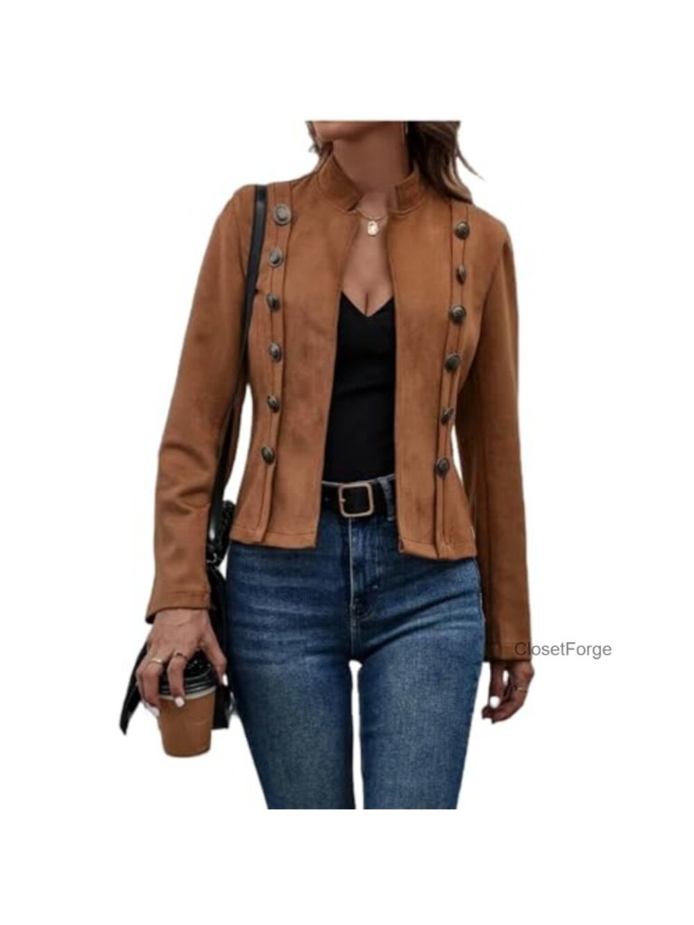 Faux Suede Cropped Jacket Double Breasted Long Sleeve Vintage Coat